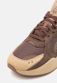 Baskets marron et beige avec un mélange de matériaux en mesh et en daim, bout rond, semelle extérieure en caoutchouc texturé et un système de laçage proéminent.