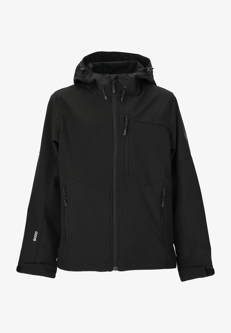 Svart softshelljacka med huva, fickor med dragkedja och en slät yta. Inkluderar justerbara ärmslut och en elegant design.