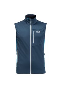 Mörkblå, ärmlös väst med hög krage, framdragkedja och sidofickor med dragkedja. Har kontrasterande turkosa detaljer och logotyp. Slät textur.