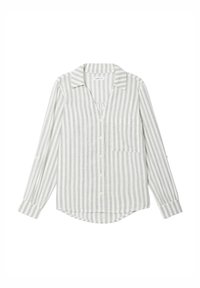 Chemise à manches longues rayée en gris clair et blanc, dotée d'un col, d'une poche poitrine et de boutons sur le devant et les manches.