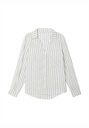 Gestreiftes Langarmhemd in Hellgrau und Weiß, mit einem Kragen, einer Fronttasche und Knopfverschlüssen entlang der Vorderseite und Ärmel.