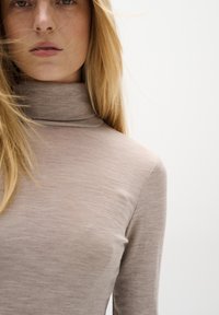 Hnědý, dlouhý rukáv, rolák s jemnou texturou a decentním leskem, s vysokým límcem a přiléhavým střihem.
