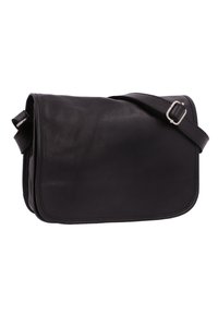 Melnas ādas vēstules soma ar taisnstūra formu, regulējamu siksnu un gludu tekstūru. Iekļauj sudraba toņu metāla detaļas un izšūtas malas.