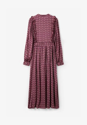 Long-sleeved dress in purple fabric with a floral print. Features ruffled accents at shoulders and a flowing, pleated skirt design.