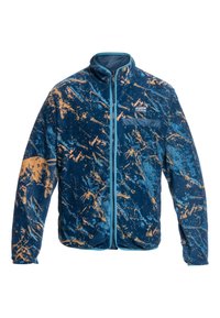Chaqueta de forro polar azul con patrón abstracto en naranja y azul claro, cierre de cremallera, cuello alto y bolsillo en el pecho sobre fondo blanco.