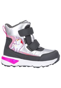 Wasserdichte Kinderstiefel in Silber und Schwarz mit Klettverschluss, mit einem Einhorn-Design und einem rosa Akzentlicht an der Sohle.