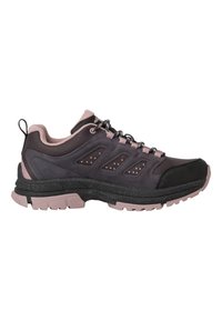 Men's outdoor shoe in dark gray with pink accents. Features mesh and suede upper, rubber sole, and reinforced heel. Laced closure with patterned laces.