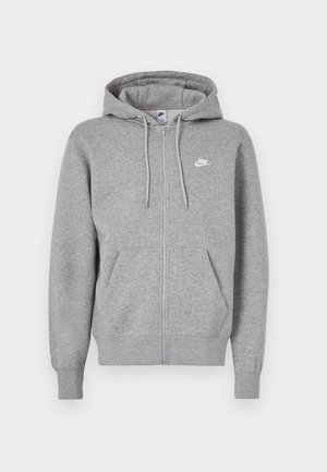 Felpa grigia con zip realizzata in un tessuto in misto cotone, dotata di cappuccio con cordino, tasche a marsupio e un piccolo logo bianco sul lato sinistro del petto.
