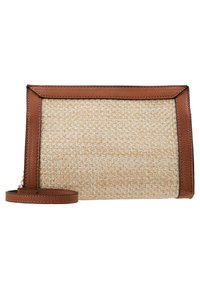 Borsa intrecciata in paglia con rifiniture e tracolla in pelle marrone. Forma rettangolare, colore neutro, con superficie texturizzata e dettagli dorati.