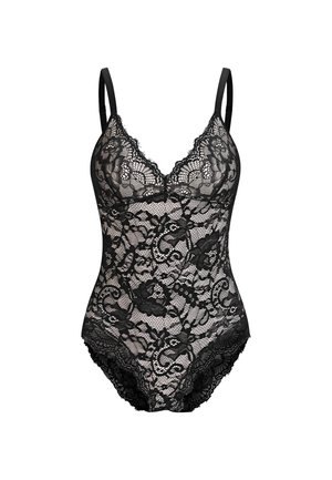 Zwarte kanten bodysuit met bloemmotieven, verstelbare dunne bandjes en gegolfde randen op een huidkleurige achtergrond.