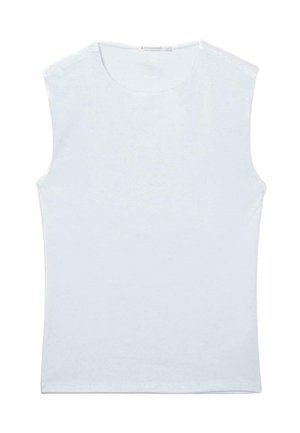 Canotta bianca in cotone senza maniche con scollo tondo e design semplice e lineare.