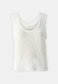 Hvit ermeløs tanktop laget av teksturert strikket stoff. Har en rund halslinje og ribbestrikket kant. Enkelt design uten mønstre eller detaljer.