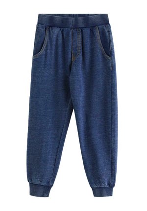 Blå joggerbukser i denimstil med elastisk talje og manchetter, der har forlommer og kontrastsømme.