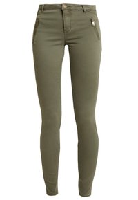 Olive green slim-fit jeans made of smooth cotton blend, featuring two zippered front pockets and a standard button closure.