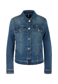 Denim jacket in light blue with a classic collar, button closure, two chest pockets, and subtle faded detailing. Long sleeves with cuffs.