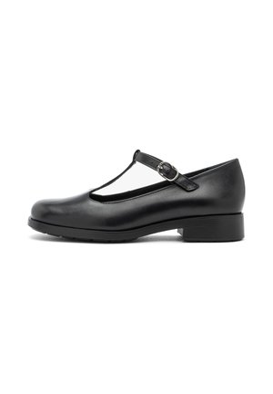 Czarne skórzane buty T-strap z zaokrąglonym noskiem, średniej wysokości blokowym obcasem i zapięciem na kostkę. Gładka textura z minimalnymi detalami.