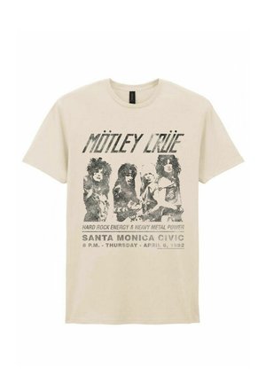 Beige t-paita, jossa musta vintage-tyylinen grafiikka Mötley Crüe -yhtyeen jäsenistä ja teksti, joka mainostaa vuonna 1982 Santa Monica Civicin konserttia.