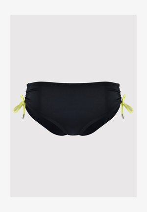 Czarne kąpielówki z regulowanymi bocznymi zawiązaniami, ozdobione żółtymi akcentami, o gładkiej fakturze i umiarkowanym kroju.