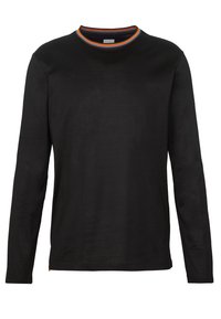 Black long-sleeve shirt with a round neckline featuring a multi-colored striped ribbed collar. Made from a smooth fabric with a relaxed fit.
