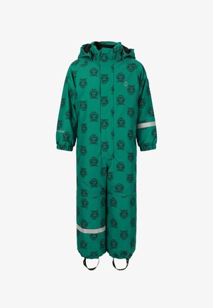 Zielony wodoodporny kombinezon narciarski z wzorem tygrysa, z pełnym zamkiem błyskawicznym, regulowanym kapturem, elastycznymi mankietami i odblaskowymi akcentami. W komplecie zielone buty.