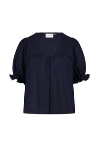 Dunkelblaue Bluse mit V-Ausschnitt, Puffärmeln und Rüschensaum. Verfügt über eine Knopfdetailierung vorne und Spitzeneinsatz entlang des Ausschnitts.