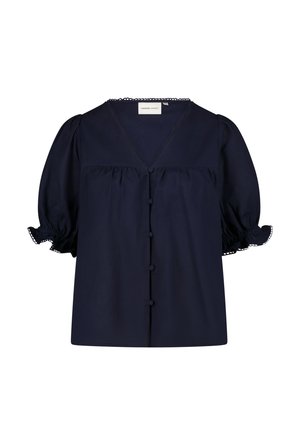 Navy blauw blouse met een V-hals, pofmouwen en geplooide boorden. Kenmerkt knoopdetails aan de voorkant en kant trim langs de halslijn.