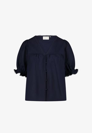 Dunkelblaue Bluse mit V-Ausschnitt, Puffärmeln und Rüschensaum. Verfügt über eine Knopfdetailierung vorne und Spitzeneinsatz entlang des Ausschnitts.