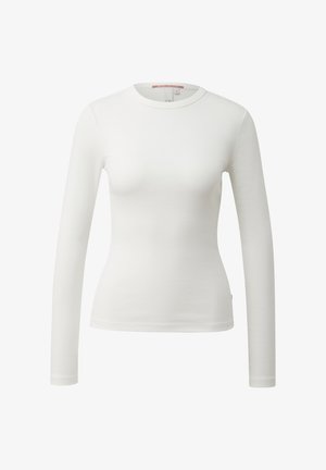 White long-sleeve shirt made of soft cotton blend. Round neckline, fitted design, smooth texture, with minimal stitching and no patterns.