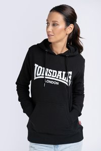 Black hoodie with white "Lonsdale London" logo, drawstring hood, kangaroo pocket, ribbed cuffs, and hem; soft fabric texture.