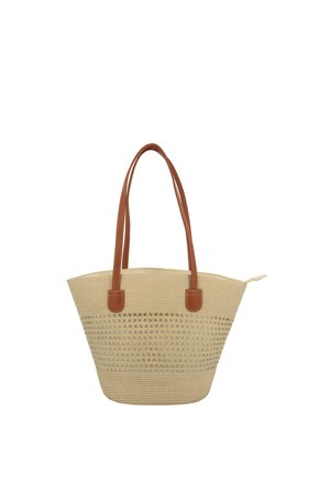 Beige gehäkelte Tragetasche mit braunen Leder-Schulterriemen und Reißverschluss, mit einem gemusterten Mittelteil.