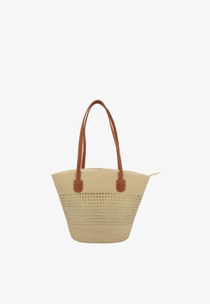 Sac fourre-tout tissé beige avec des bretelles d'épaule en cuir marron et une fermeture éclair, présentant une section centrale à motif.
