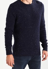 Navy blue knit sweater featuring a textured pattern with subtle speckles, round neckline, and ribbed cuffs and hem. Worn with dark jeans.