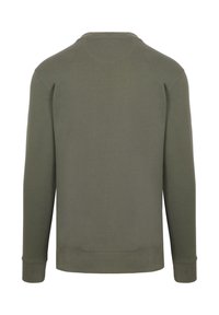 Effen olijfgroene sweatshirt met lange mouwen, gezien vanaf de achterkant, met ribbelmanchetten en -zoom op een witte achtergrond.