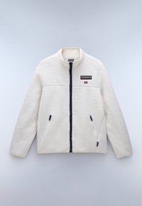 Fleecejacke in Weiß mit weicher Textur, Reißverschluss, Stehkragen und navyblauen Akzenten. Verfügt über zwei seitliche Taschen und ein Logo-Patch.