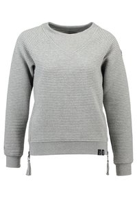 Sweat-shirt gris à texture côtelée, col en V et fermetures éclair latérales avec pompons. Manches longues et coupe décontractée.