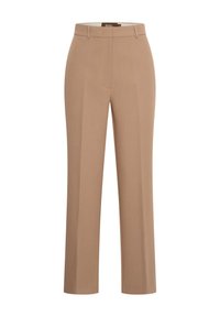 Beige broek met een recht model, gemaakt van een zachte stof. Heeft een platte voorkant en een getailleerde pasvorm. Geen zichtbare zakken.