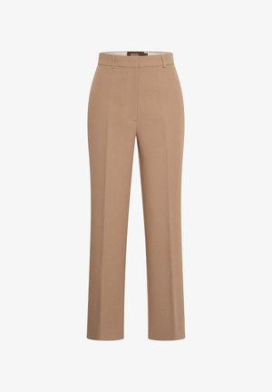 Beige trousers with a straight-leg design, made from a smooth fabric. Features a flat front and a tailored fit. No pockets visible.
