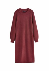 Burgunderfarbenes Strickkleid mit rundem Ausschnitt, langen gerippten Ärmeln und lockerer Passform. Weicher Stoff, knielanges Design.