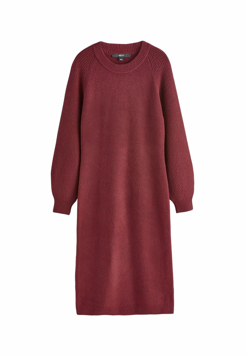 Burgunderfarbenes Strickkleid mit rundem Ausschnitt, langen gerippten Ärmeln und lockerer Passform. Weicher Stoff, knielanges Design.