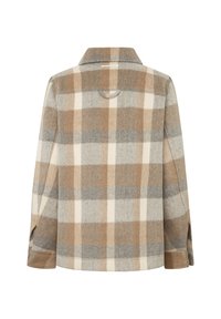 Camisa chaqueta de lana de manga larga con estampado a cuadros en tonos beige, gris y blanco, cuello y lazo trasero para colgar.