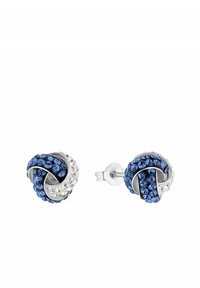 Pendientes de plata en forma de studs con diseño entrelazado que presenta cristales azules y transparentes. Superficie lisa, forma redonda con acentos brillantes.