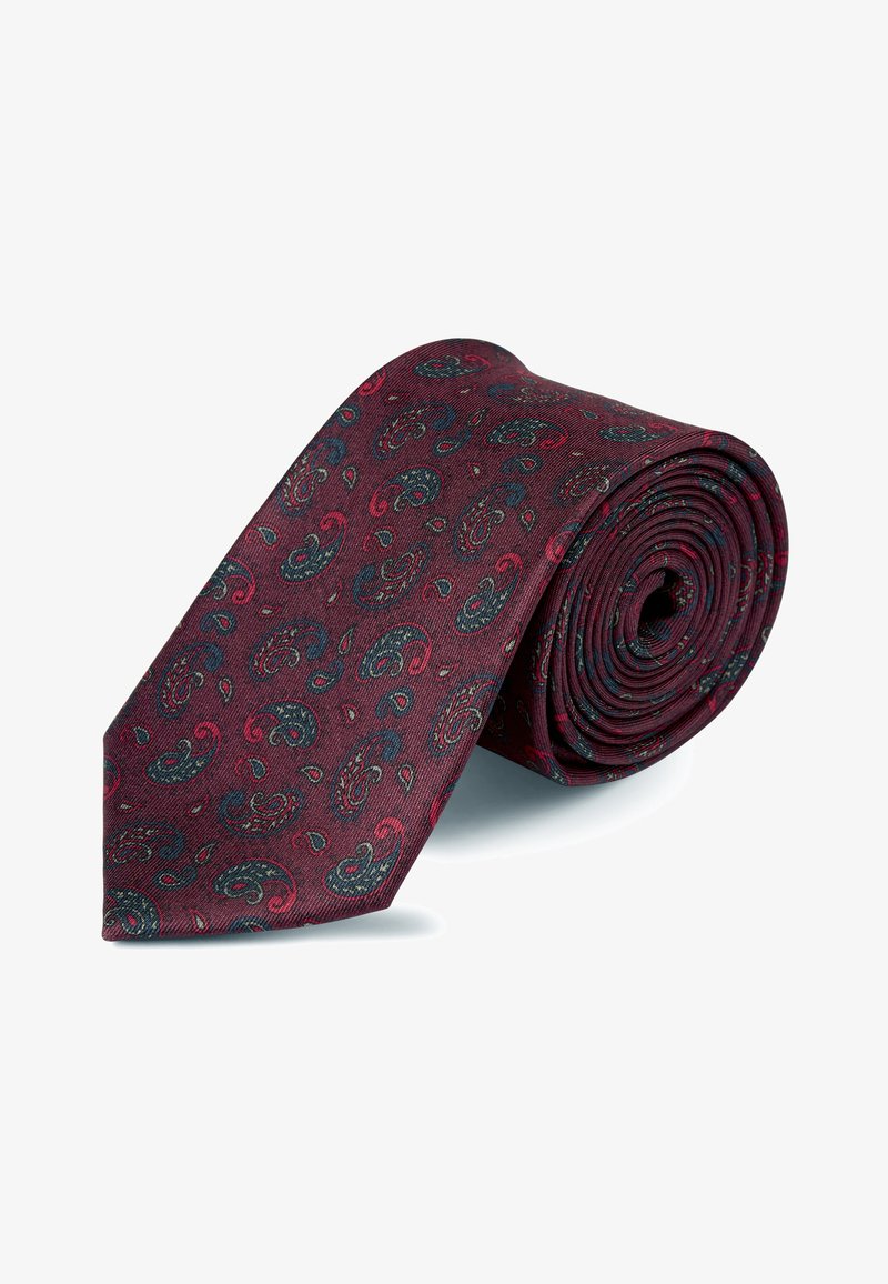Burgunderfarget silket sløyfe med et paisleymønster i teal- og rosa-toner, pent rullet, som fremhever en glatt tekstur og en avsmalnet ende.