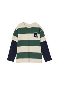 Langarmhemd aus Baumwolle. Hat abwechselnd grüne und cremefarbene Streifen sowie navyfarbene Ärmel. Beinhaltet ein blaues 'P'-Patch-Detail.