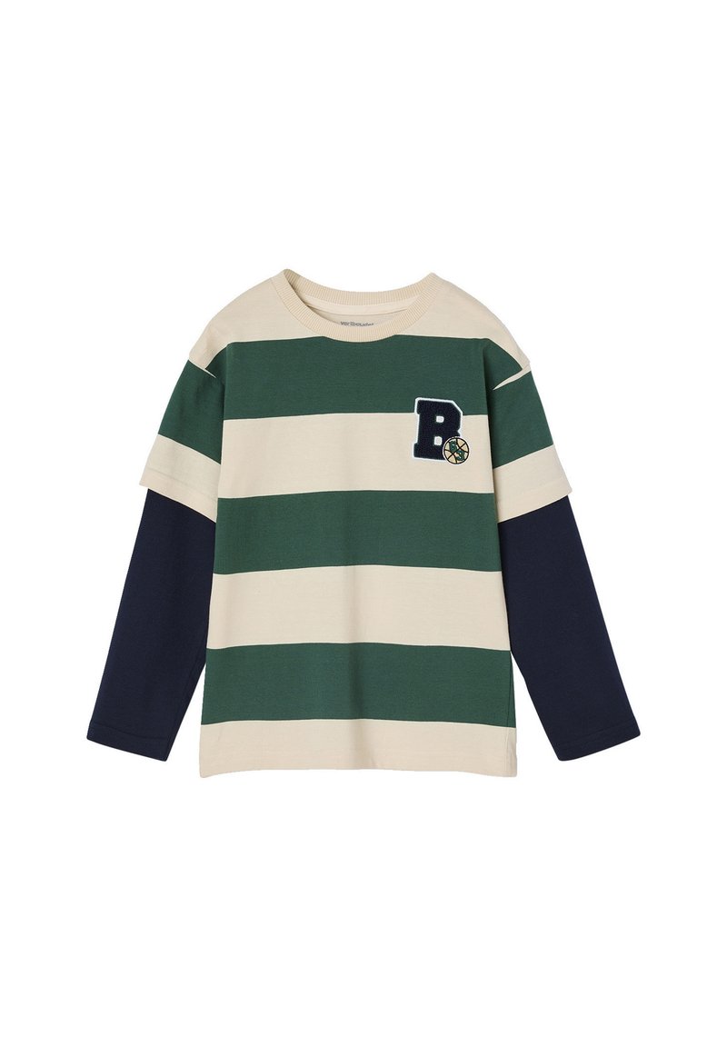 Langarmhemd aus Baumwolle. Hat abwechselnd grüne und cremefarbene Streifen sowie navyfarbene Ärmel. Beinhaltet ein blaues 'P'-Patch-Detail.