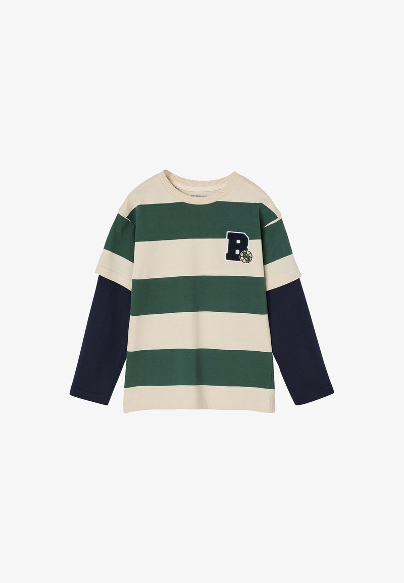Langarmhemd aus Baumwolle. Hat abwechselnd grüne und cremefarbene Streifen sowie navyfarbene Ärmel. Beinhaltet ein blaues 'P'-Patch-Detail.