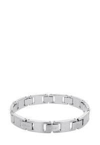 Pulsera de metal en tono plateado que presenta eslabones rectangulares interconectados con acabados cepillado y pulido. Detalle del logotipo grabado visible en algunos eslabones.