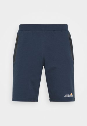 Dark navy blue shorts made from a soft fabric, featuring an elastic waistband, side zip pockets, and a small white logo on the lower left side.