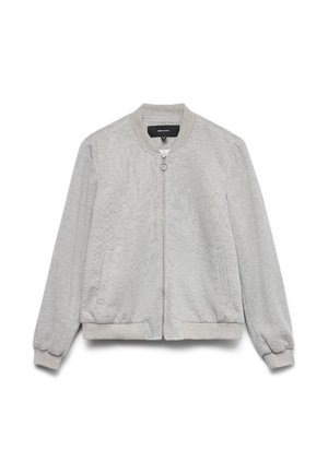 Chaqueta bomber gris claro con cremallera frontal, cuello, puños y dobladillo acanalados, y dos bolsillos laterales, exhibida sobre un fondo blanco.