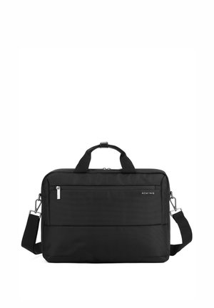 Black laptop bag made of textured fabric, featuring a top handle, adjustable shoulder strap, and front zippered pocket with silver hardware.
