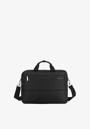 Zwarte laptoptas gemaakt van textuurstof, met een bovenhandgreep, een verstelbare schouderriem en een voorste ritsvak met zilverkleurige accenten.